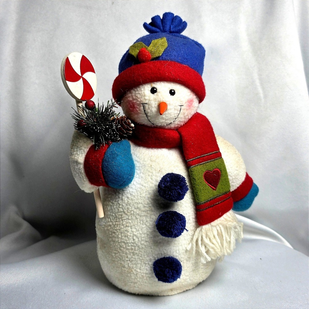 Plush Snowman Figurine Christmas Decor Blue Hat Red Scarf Peppermint Wand